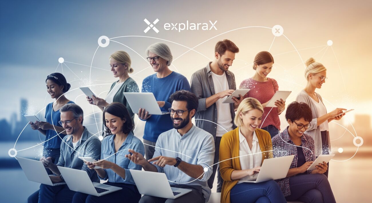 A diverse group of smiling financial influencers are digitally connected by glowing lines and nodes, representing a strong online community. They are using laptops, tablets, and smartphones, with the ExplaraX logo subtly integrated into the background, without a dashboard or text.
